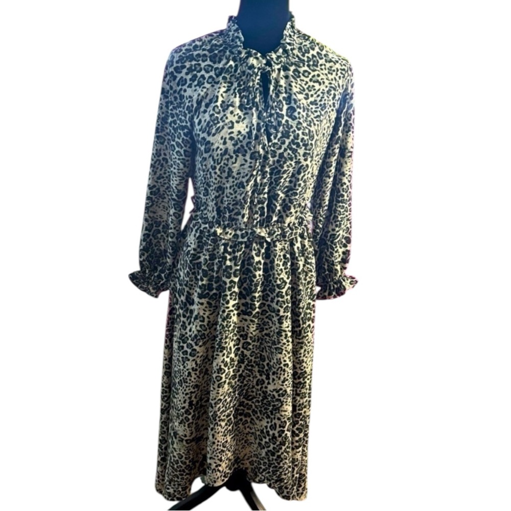 Banana Republic Dress Sz 2P (2 Petite) Grey Black Leopard Animal Maxi Long-Slvs